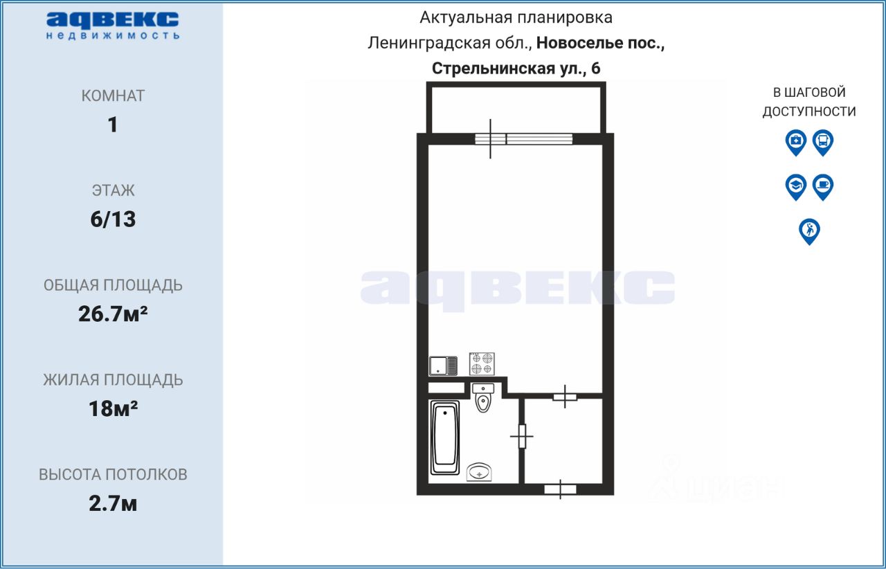 Продажа квартиры-студии 26,7м² ул. Стрельнинская, 6, Ленинградская область,  Ломоносовский район, Аннинское городское поселение, Новоселье городской  поселок, м. Ленинский проспект - база ЦИАН, объявление 291501616