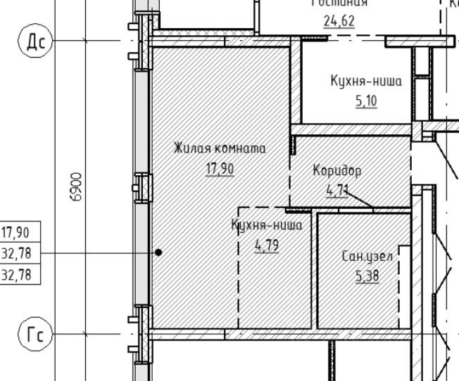 Планировка квартиры включает жилую комнату площадью 17,90 м², кухню-нишу 4,79 м², коридор 4,71 м² и санузел 5,38 м². Архитектурный стиль современный, с функциональным распределением пространства. Жилая комната предполагает комфортное размещение мебели, кухня-ниша обеспечивает удобный доступ к кухонным элементам. Используются стандартные материалы для внутренней отделки, вероятно, с нейтральными цветами, создающими уютную атмосферу. Пространство организовано для максимальной практичности, что делает его подходящим для повседневной жизни.