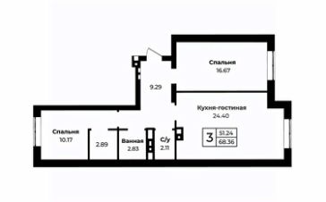 3-комн.кв., 68 м², этаж 2