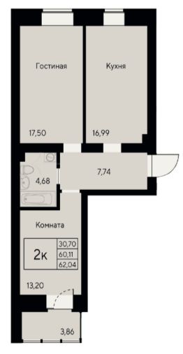 2-комн.кв., 62 м², этаж 2