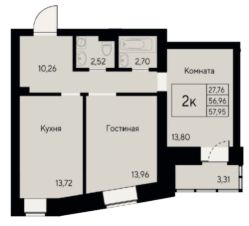 2-комн.кв., 58 м², этаж 2