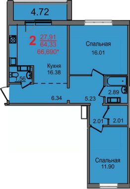 2-комн.кв., 64 м², этаж 7