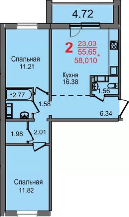 2-комн.кв., 56 м², этаж 3