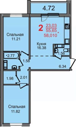 2-комн.кв., 56 м², этаж 8