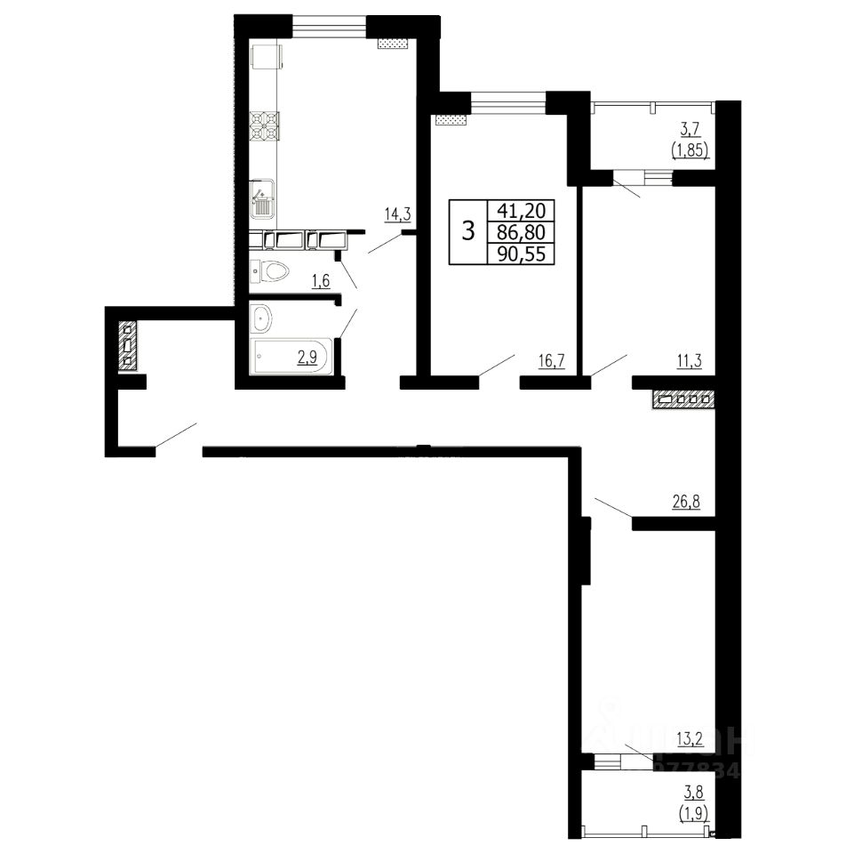 Продажа трехкомнатной квартиры 90,6м² просп. Ленина, 111к2, Новороссийск,  Краснодарский край - база ЦИАН, объявление 291912004