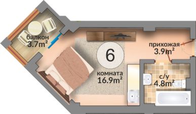 1-комн.апарт., 29 м², этаж 1