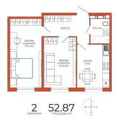 2-комн.кв., 53 м², этаж 3