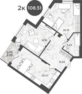 2-комн.кв., 109 м², этаж 4