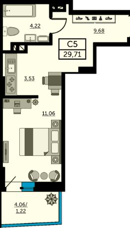 студия, 29 м², этаж 22