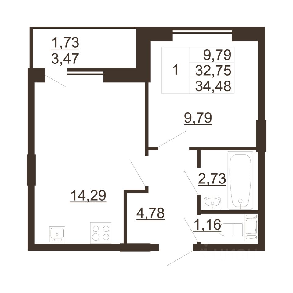 Продажа однокомнатной квартиры 34,5м² Ленинградская область, Всеволожский  район, Имени Свердлова пгт, Рубеж жилой комплекс, м. Рыбацкое - база ЦИАН,  объявление 292281310