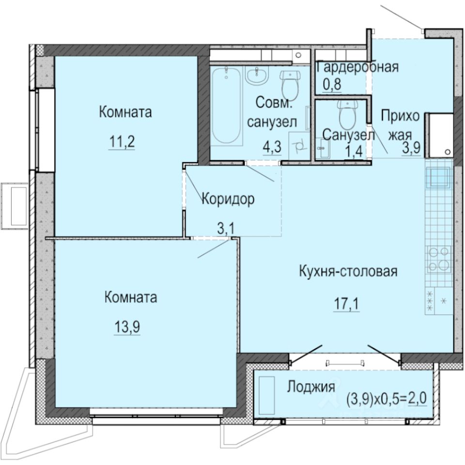 2-комн.кв., 57,5 м², 20/25 этаж