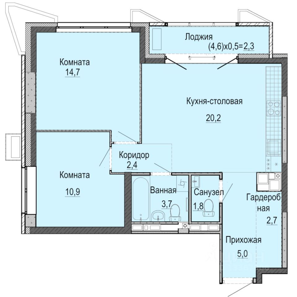 2-комн.кв., 63,7 м², 16/25 этаж
