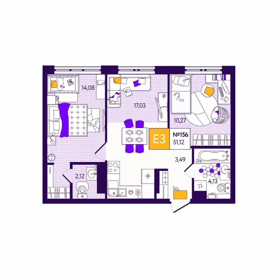 Продается2-комн.квартира,51,12м²