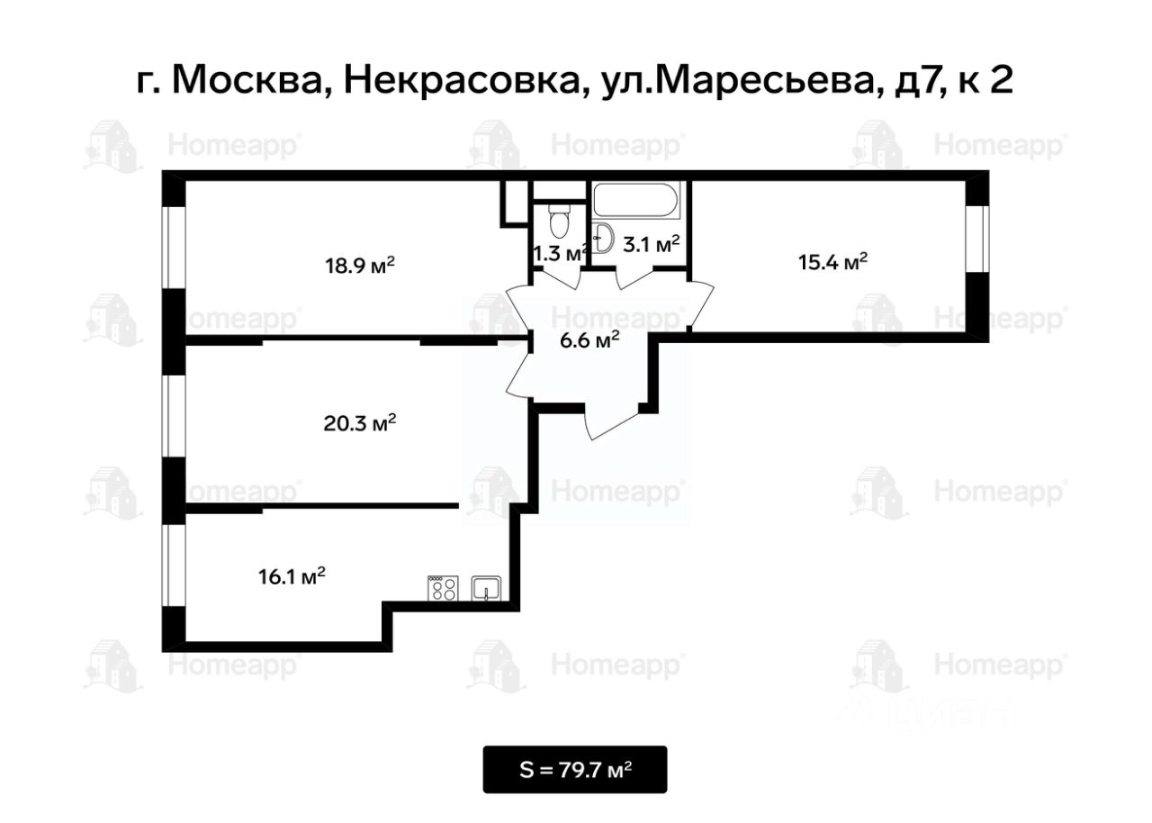 Продаю трехкомнатную квартиру 79,2м² ул. Маресьева, 7к2, Москва, м.  Некрасовка - база ЦИАН, объявление 292498316