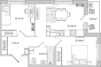 2-комн.кв., 54 м², этаж 9