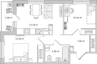 2-комн.кв., 53 м², этаж 12