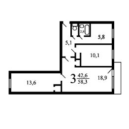 3-комн.кв., 58 м², этаж 4
