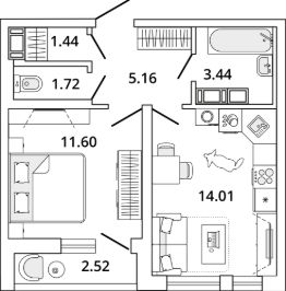 1-комн.кв., 39 м², этаж 19