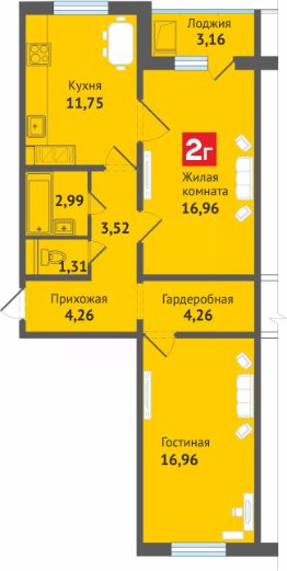 2-комн.кв., 65 м², этаж 13