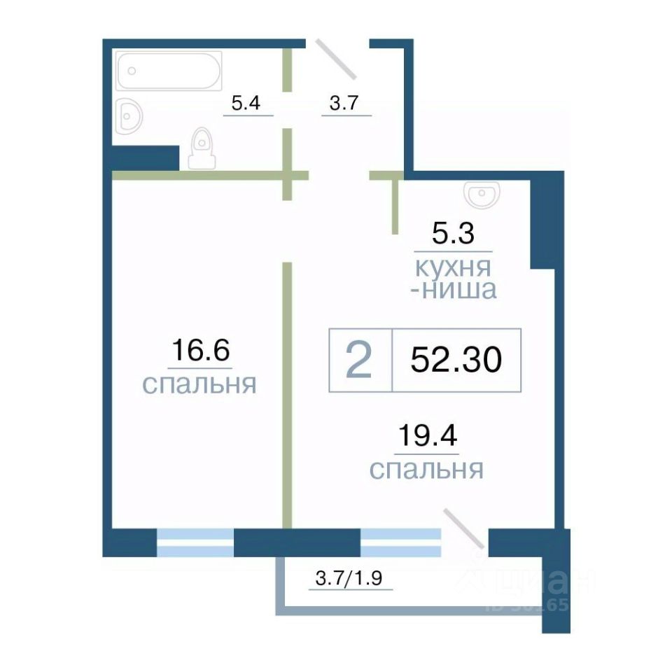 Продажа двухкомнатной квартиры 52,3м² ул. Дубровинского, Красноярск,  Красноярский край - база ЦИАН, объявление 292749946