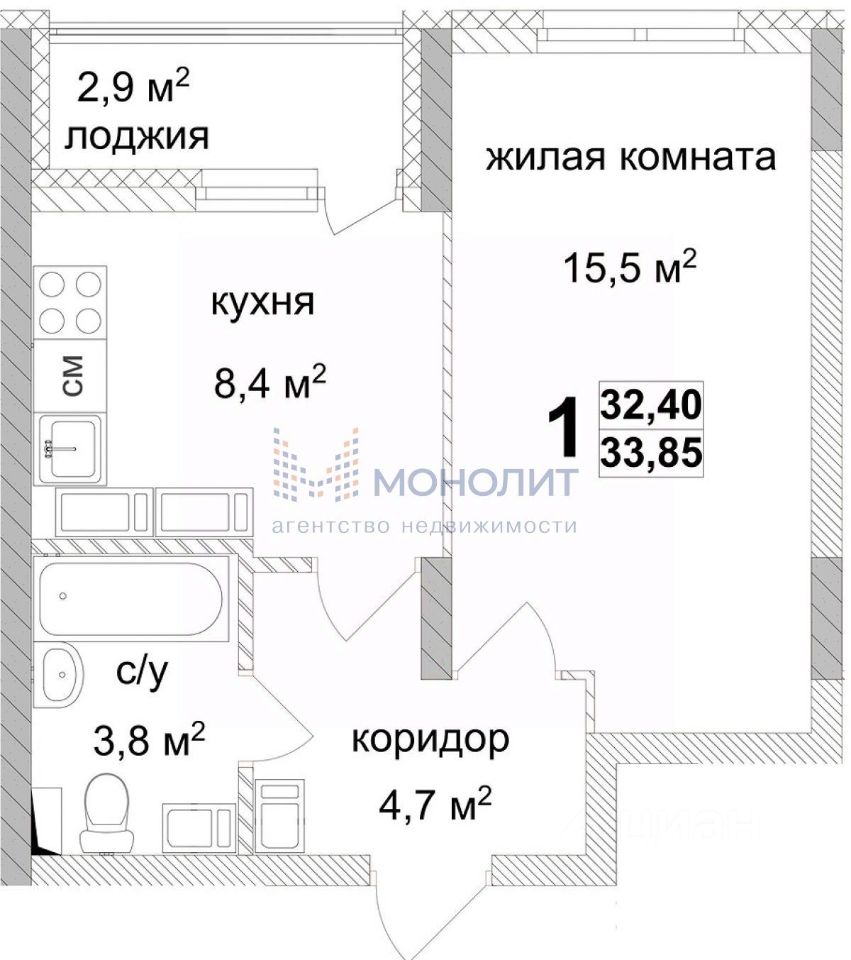 Продается1-комн.квартира,33,85м²