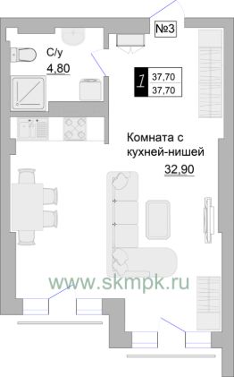 1-комн.апарт., 38 м², этаж 2