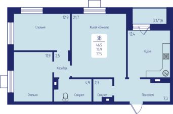 3-комн.кв., 78 м², этаж 4