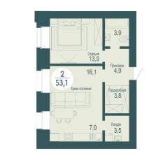 2-комн.кв., 53 м², этаж 2