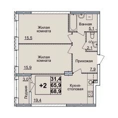 2-комн.кв., 68 м², этаж 2