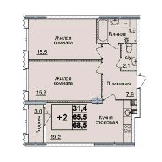 2-комн.кв., 68 м², этаж 3