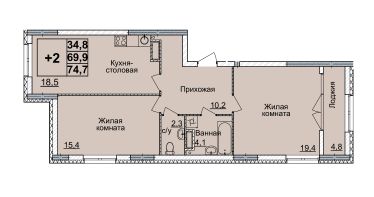 2-комн.кв., 74 м², этаж 17