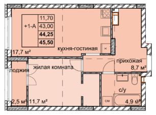 1-комн.кв., 44 м², этаж 15