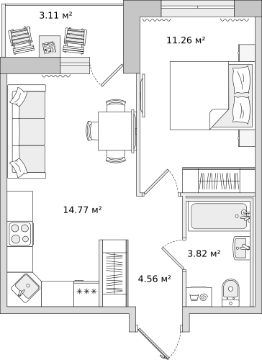 1-комн.кв., 39 м², этаж 12