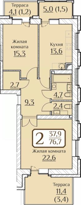 2-комн.кв., 88 м², этаж 1