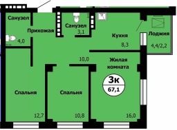 3-комн.кв., 68 м², этаж 22