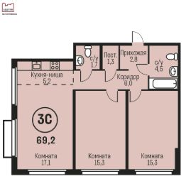 3-комн.кв., 69 м², этаж 16
