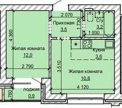 2-комн.кв., 34 м², этаж 1