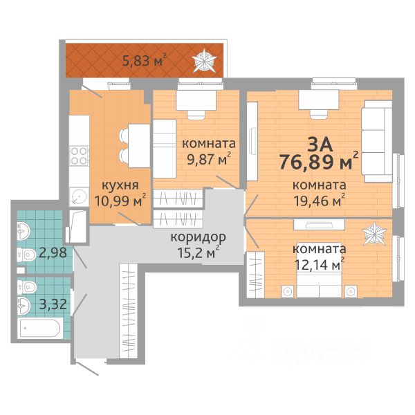 Продается3-комн.квартира,76,89м²