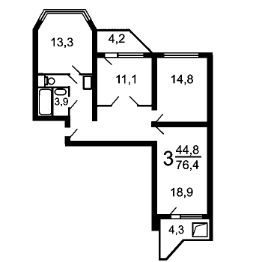 3-комн.кв., 79 м², этаж 1