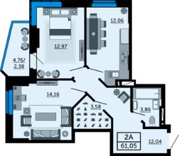 2-комн.кв., 61 м², этаж 15