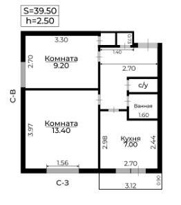 2-комн.кв., 40 м², этаж 12