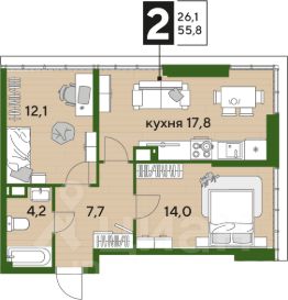 2-комн.кв., 56 м², этаж 16