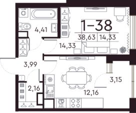 1-комн.кв., 39 м², этаж 7