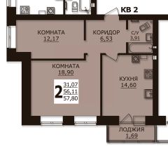 2-комн.кв., 59 м², этаж 1