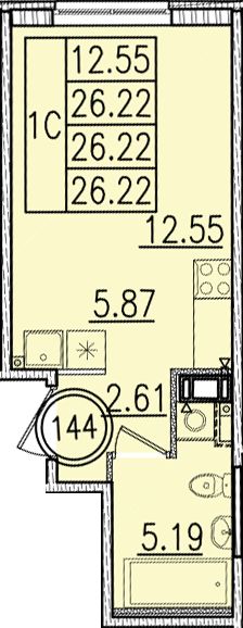 1-комн.кв., 26 м², этаж 3