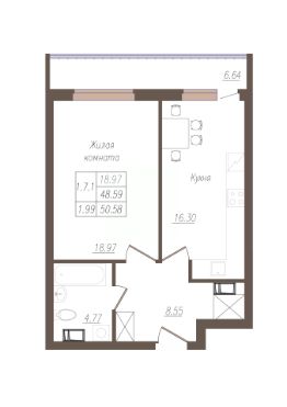 1-комн.кв., 51 м², этаж 1