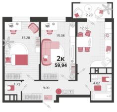 2-комн.кв., 60 м², этаж 2