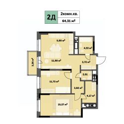 2-комн.кв., 64 м², этаж 23