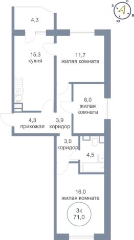 3-комн.кв., 71 м², этаж 13