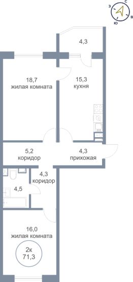 2-комн.кв., 71 м², этаж 3